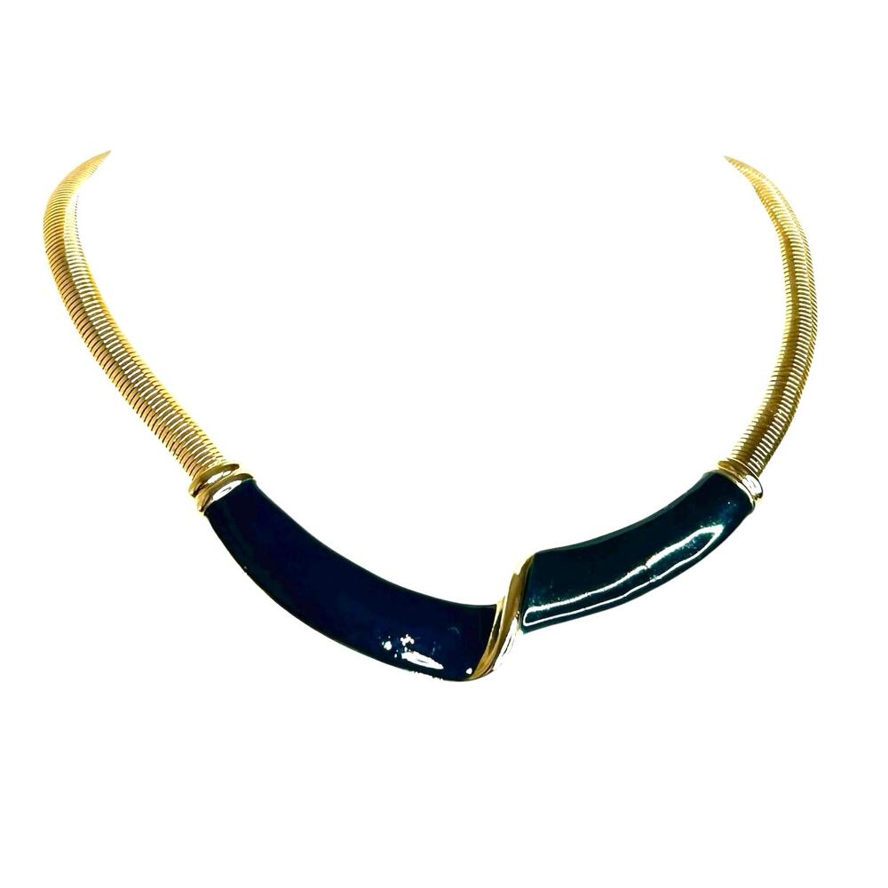 Vintage Omega Chain Necklace Gold Tone Navy Blue Enamel Center 1980s 1990s